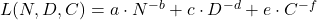  L(N, D, C) = a \cdot N^{-b} + c \cdot D^{-d} + e \cdot C^{-f} 